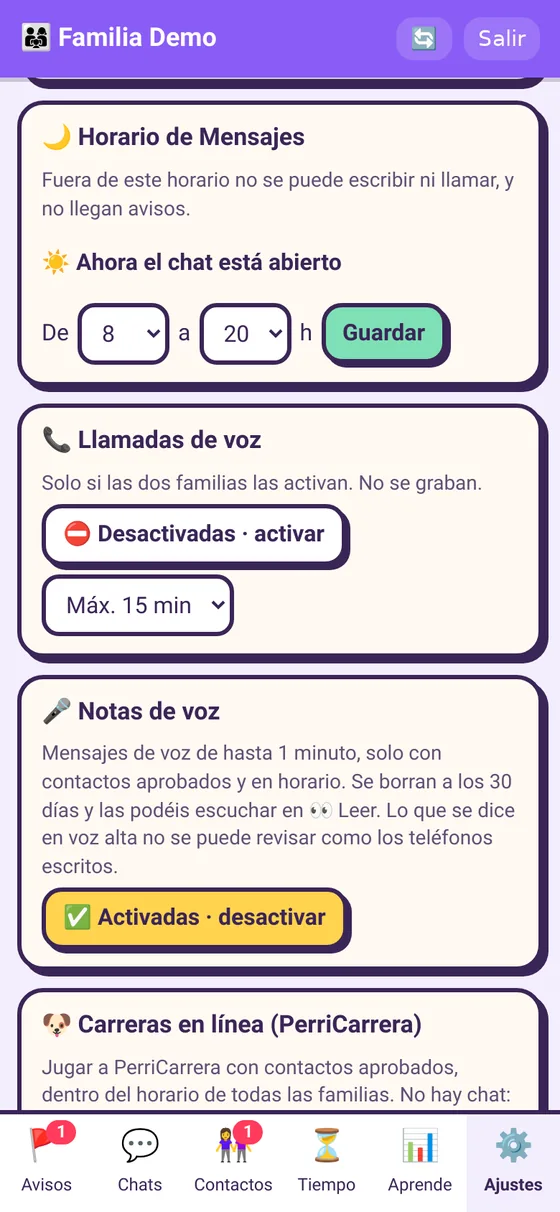 Panel de padres: horario de mensajes y llamadas