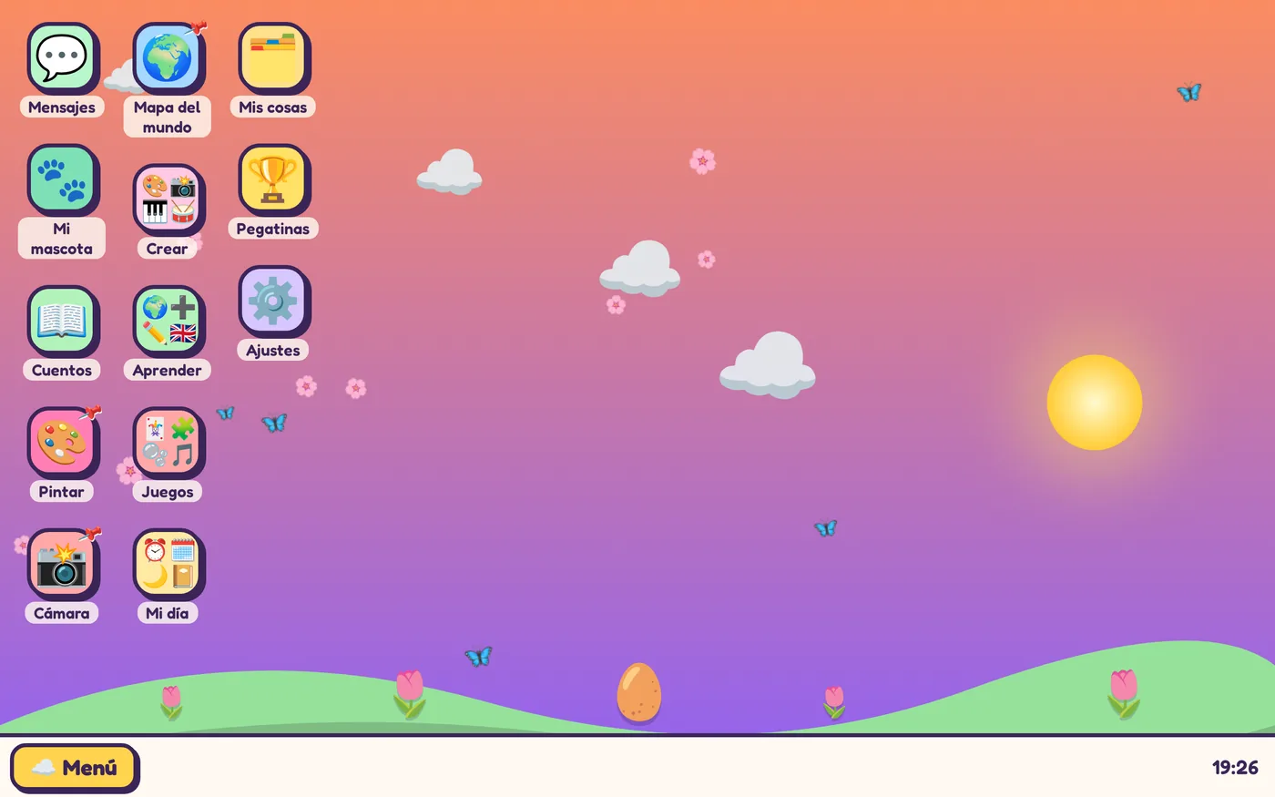 Escritorio de Nubecita en una tablet: Mensajes, Mapa del mundo, Mi mascota, Crear, Cuentos, Aprender, Pintar, Juegos, Cámara y Mi día